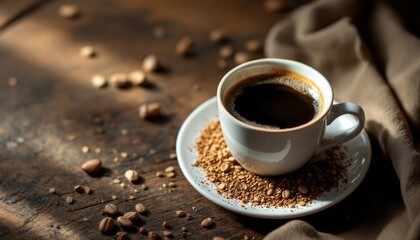 Fototapeta premium A cup of black coffee sits on a wooden table, with coffee beans and cloth nearby