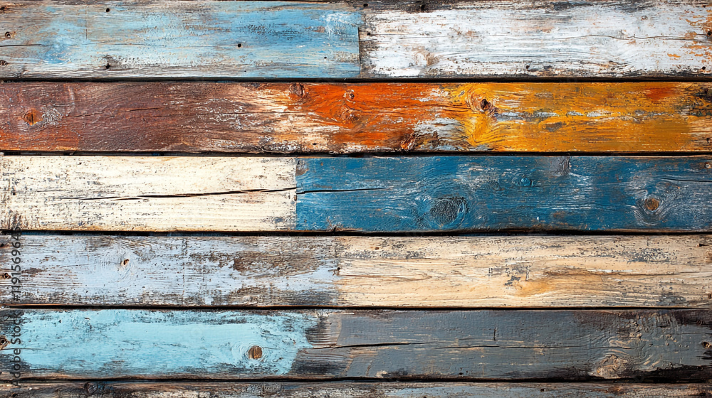 Poster painted wooden planks arranged in colorful patterns in a rustic setting