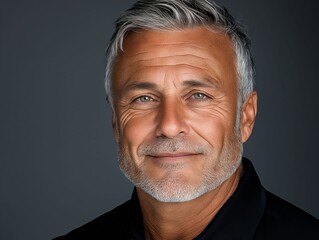 Obraz premium A man with grey hair and a black shirt smiles at the camera