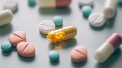 assorted colorful pills and tablets scattered on a smooth light surface closeup medication layout copyspace concept of healthcare pharmacy medicine