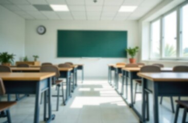 Beautiful blurred background of bright classroom and study room with panoramic windows and beautiful lighting. Blurred Empty school background