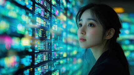 Asian female analyzing digital data screen in futuristic setting