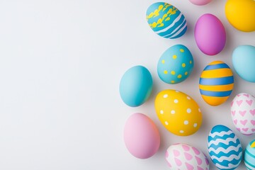 Obraz premium Four brightly colored Easter eggs, devoid of any patterns on their shells, are set against a white backdrop