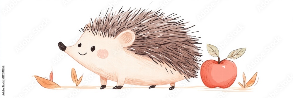 Poster charming hedgehog with a bright red apple resting on its back among autumn leaves in a cheerful sett