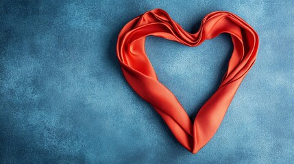 Red silk scarf shaped into a heart on a blue textured background