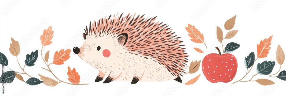 Poster charming hedgehog with a bright red apple resting on its back among colorful foliage. generative ai