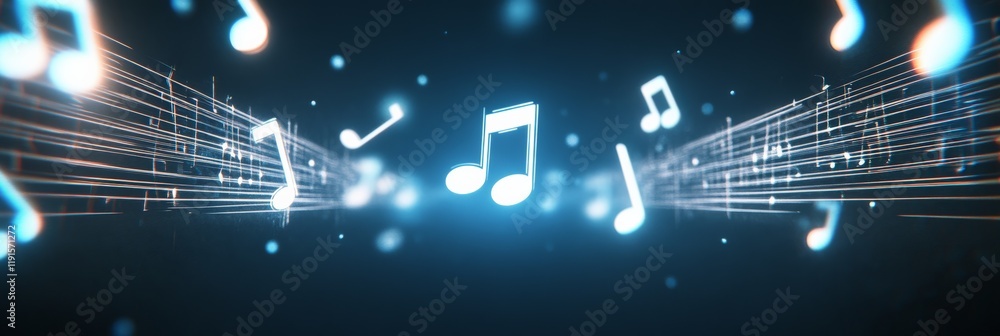 Poster Beams of light containing musical notes are flowing and merging, creating a song in a digital environment, representing the concept of music composition, recording, and streaming