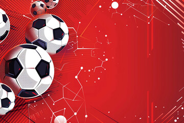 Fototapeta premium Abstract Red Background with Soccer Balls and Hexagonal Shapes for a Modern Sports Design