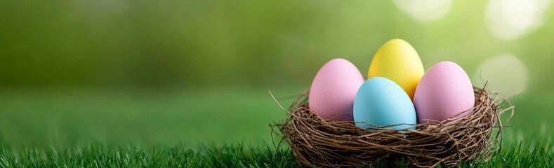 Fototapeta premium A nest filled with Easter eggs resting in the grass on a sunny spring day - perfect for Easter decorations, banners, panoramas, or backgrounds