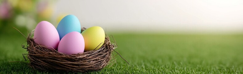 Fototapeta premium On a sunny spring day, a nest with Easter eggs in the grass makes an ideal Easter decoration, banner, panorama, or background