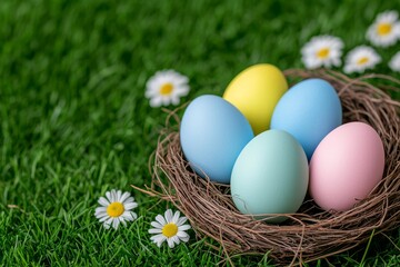 Obraz premium Wishing you a joyful Easter - A nest filled with Easter eggs in the grass on a sunny spring day, perfect for an Easter decoration background