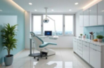 Blurred dentist office interior with empty chair, dental instruments, modern clinic room, professional healthcare setting, oral care equipment