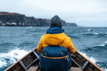 A person in a boat with a backpack on the back of it