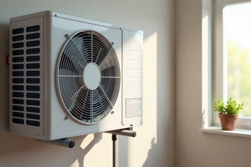 Close-up of heat pump unit on residential wall, close up, evaporator