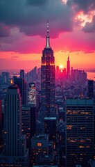 Naklejka premium Dramatic cityscape at sunset, skyscrapers pierce twilight sky, lights, night