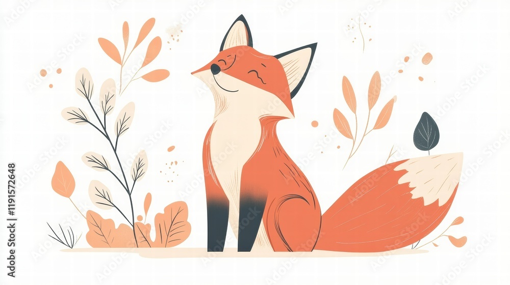 Poster Illustration of a fox resting in a serene setting with minimalist leaves and warm colors. Generative AI