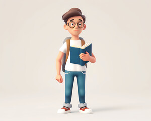 3D Illustration of Young Student with Glasses Holding a Book, Ideal for Education and Learning Concepts.