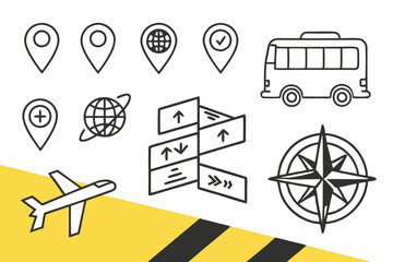 Simple line icons, transportation symbols, yellow and black color scheme, minimalist design, map markers, navigation elements, travel icons, geometric shapes, clean layout, vector graphics, flat desig