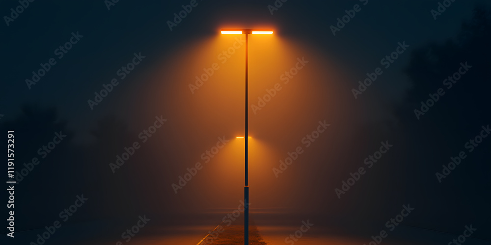 Poster illuminated path on a foggy night. two streetlights cast a warm glow, cutting through the dense fog,