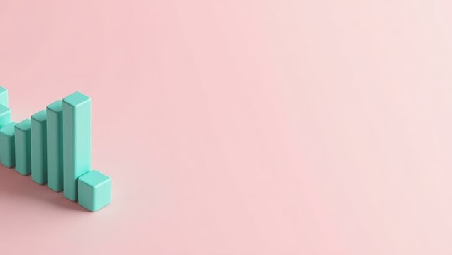 Coral pink dumbbell on right. Mint green 3D bars graph showing decline - Powered by Adobe