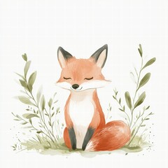 Illustrated fox peacefully sitting among minimalist leaves in a serene natural setting. Generative AI