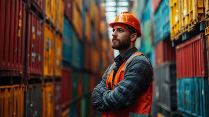 A man in an orange safety vest and hard hat stands confidently among tall shipping containers in a bustling freight yard during the day, surveying the area for operation efficiency.