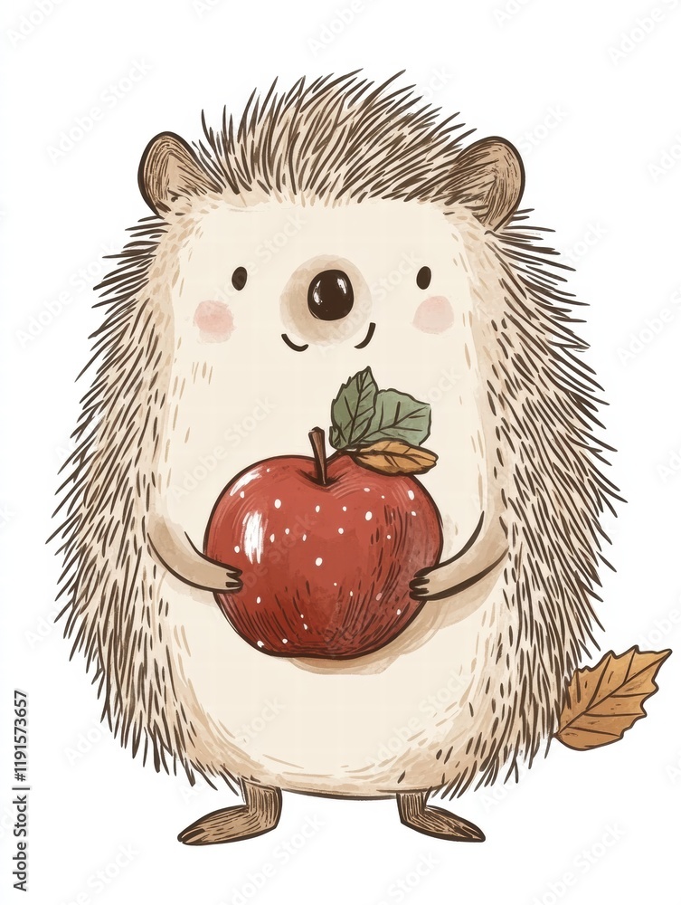 Poster cute hedgehog holding a red apple on its back in a whimsical forest setting. generative ai