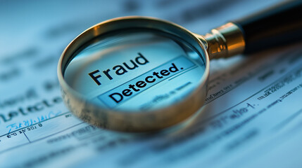 A magnifying glass reveals the word fraud highlighted on a document, indicating serious issues in financial review and analysis processes. The setting emphasizes scrutiny.