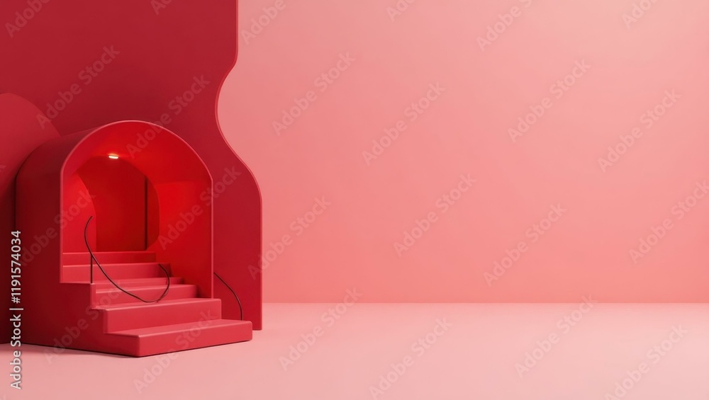 Poster garnet red vault on left. soft yellow background. copy space for text, 3d render ai generated design