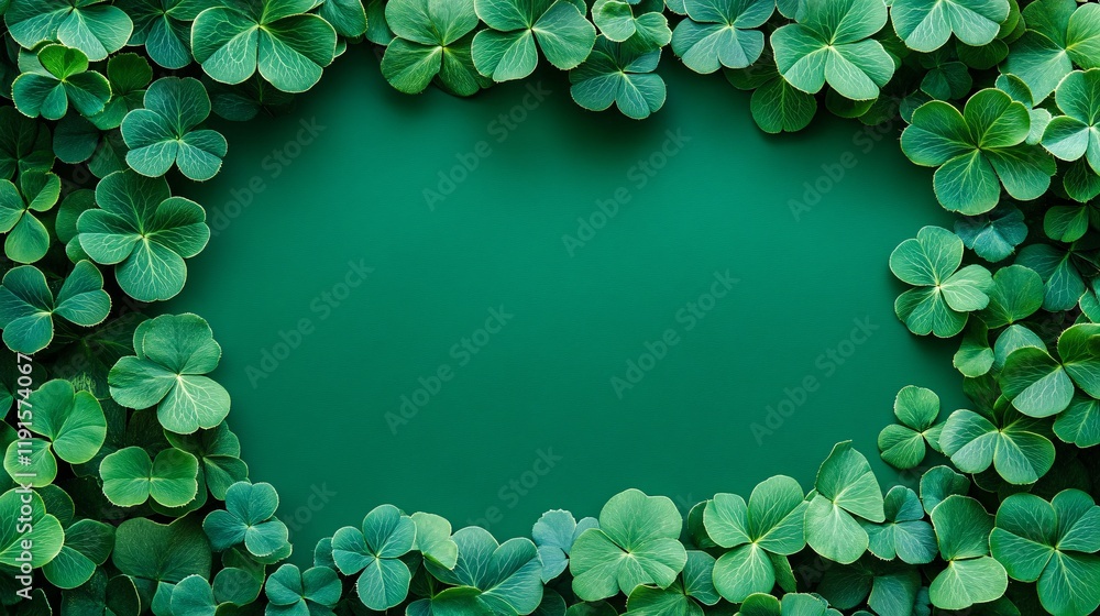 Poster fresh green clovers frame a vibrant background creating a lush botanical pattern