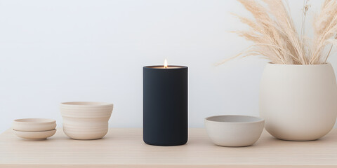 Lit candle and minimalist home decor.  Neutral tones create a calm and serene atmosphere.