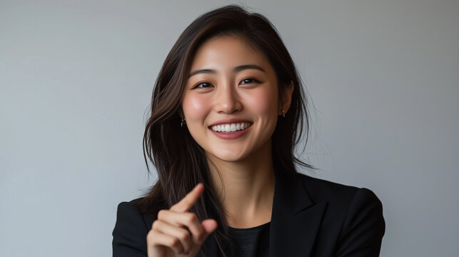 A professional Asian woman dressed in a black suit smiles warmly while raising her finger as if making a point. The background is neutral, enhancing her positive demeanor.