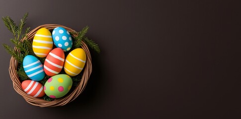 A wooden Easter basket filled with vibrant Easter eggs, set against a black background, created using generative AI