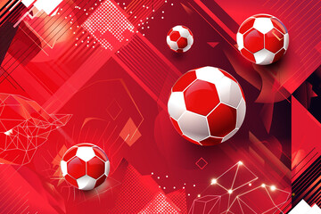 Obraz premium Abstract Red Background with Soccer Balls and Hexagonal Shapes for a Modern Sports Design
