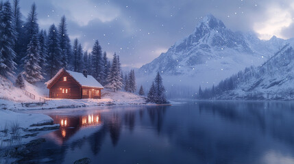 Cozy log cabin by the lake surrounded by snowy mountains in winter twilight