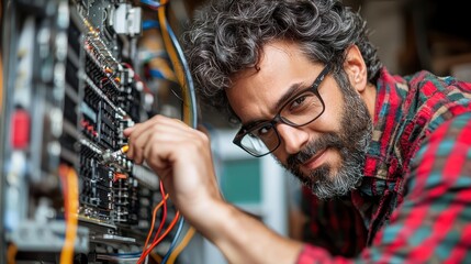 Caucasian male adult technician adjusting wiring in control panel