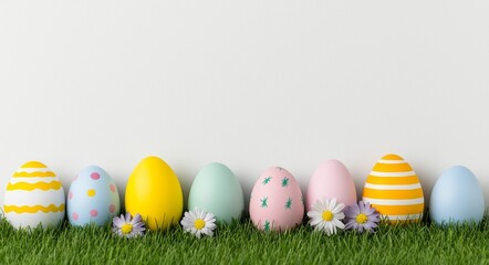 Fototapeta premium A set of decorated Easter eggs for a Happy Easter design, featuring green grass and a transparent background