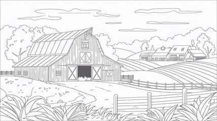 Agriculture countryside field with barn, rolling hills and wooden fence, coloring book page under sky with clouds. Village farm drawingillustration, outline contour meadow, preschool, sketchLess