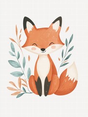 Charming illustrated fox sitting contentedly among minimalist leaves in a serene, whimsical style. Generative AI