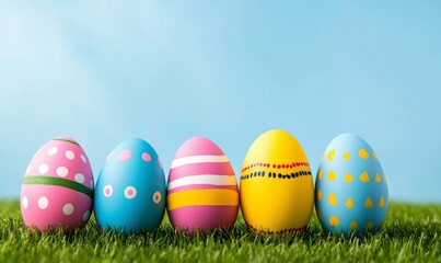 Fototapeta premium An assortment of colorful Easter eggs, celebrating a cheerful Easter amidst a spring day's green meadow, featuring copy space and a charming wooden bench for product display