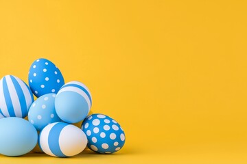 Obraz premium Concept of a joyful Easter celebration. A collection of vibrantly painted eggs arranged on a yellow background. A seasonal religious tradition design, photographed from above with ample space for