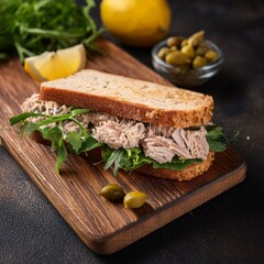 Generated image Delicious tuna sandwich with fresh herbs on a rustic wooden board, garnished with capers