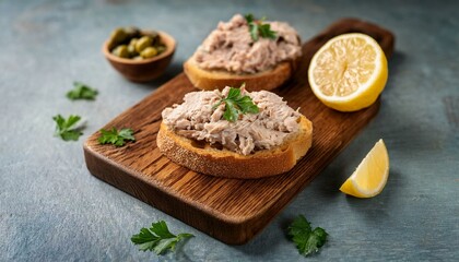 Generated image Delicious tuna sandwich with fresh herbs on a rustic wooden board, garnished with capers