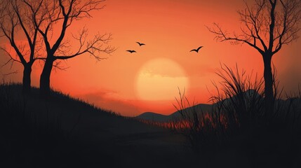 Fototapeta premium Silhouette Trees Sunset Landscape Birds Flying