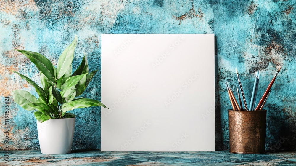 Poster empty canvas and greenery on textured wall in an artistic studio setting