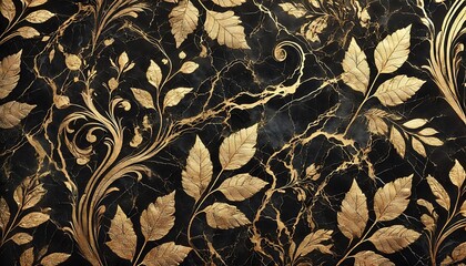 Black marble with golden beautiful leaf imprints, minimalist and artistic luxurious texture, seamless contemporary design, generative ai