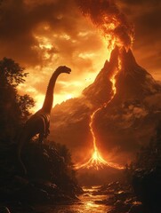 Volcano eruption, prehistoric landscape, dinosaur observing, fiery sunset