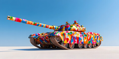 A vibrant, colorful tank stands on a bright, white landscape under a clear blue sky.  A striking contrast of peace and military might.