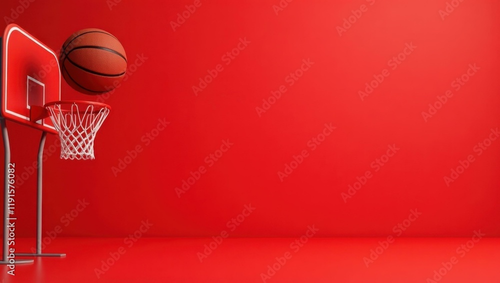 Poster plum basketball hoop on left. soft red background. copy space for text, 3d render ai generated desig