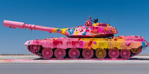 A military tank, dramatically painted in vibrant pink, yellow, and other colors, with paint...